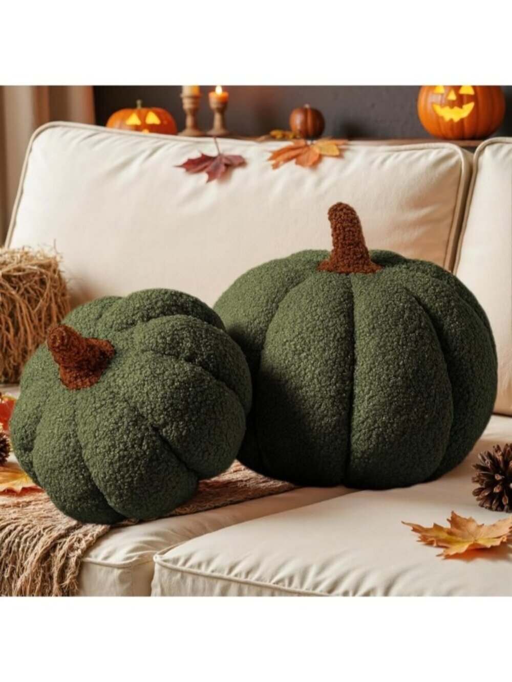 Set of 2 Green Fall Pumpkin Pillows Halloween Decoration Soft Fleece Sherpa